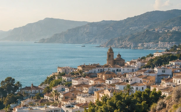 Sunlit Mediterranean coastal town overlooking the sea